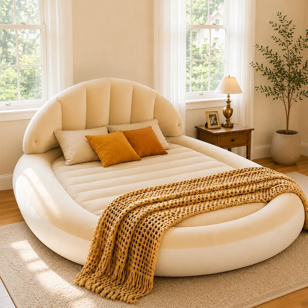 Queen Size Portable Inflatable Airbed - Indoor Furniture Bed with Electric Pump, Round Design, Soft Fleece Top, 551 lb Weight Capacity, 3-Min Quick Inflation, Inflates Quickly, Versatile Use for Guests, Camping