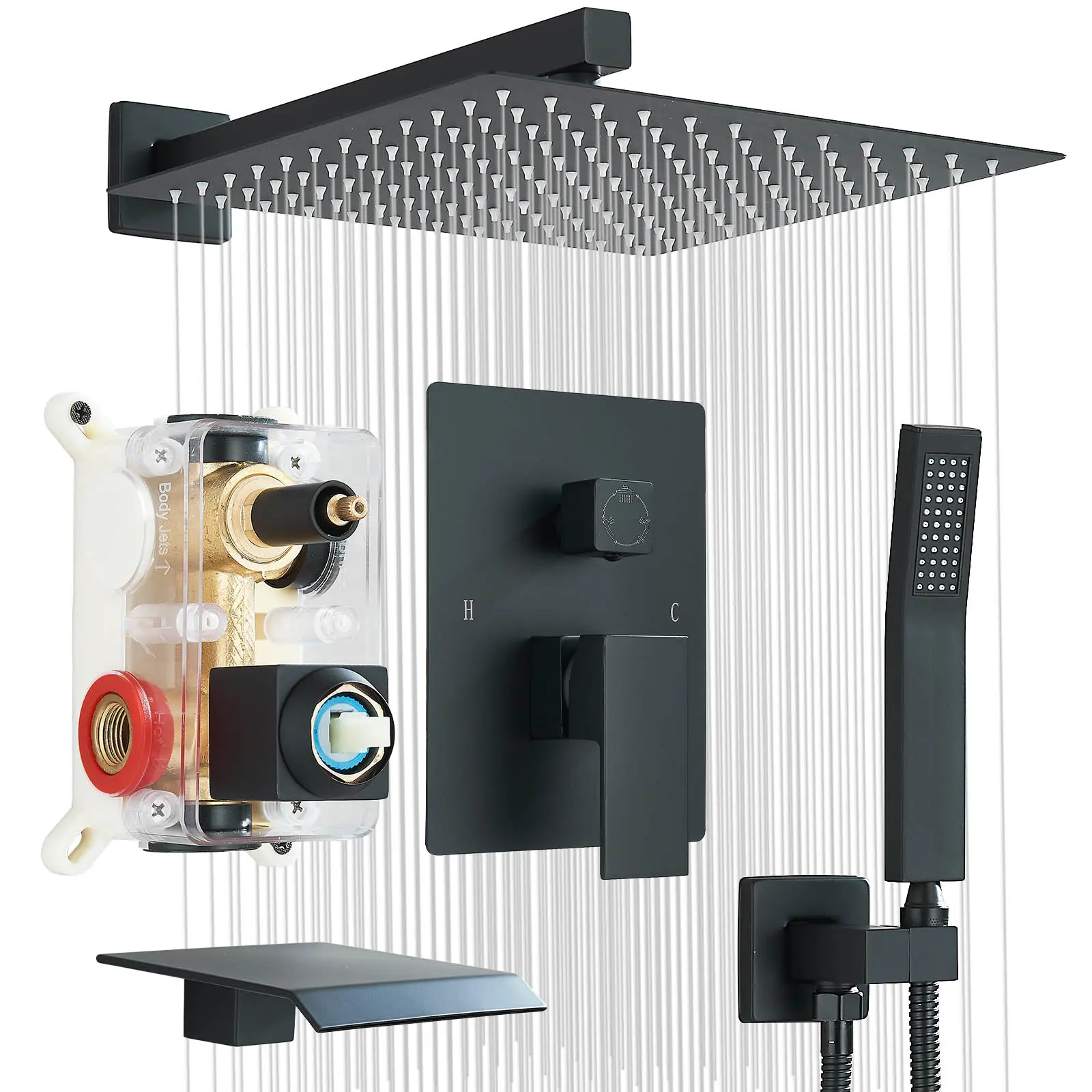 Matte Black 12" Wall-Mounted 3-Function Tub Shower System, Faucet Set with Tb Spout, High-Pressure Rainfall Shower Head & Handheld Sprayer, Rough-in Mixing Valve, Durable Fixture for Modern Bathroom Renovation Upgrade