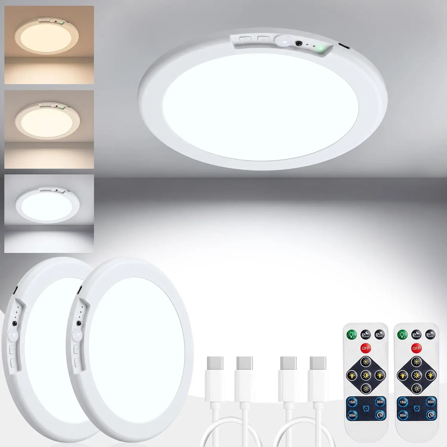 BrizLabs Motion Sensor Ceiling Light, 2 Pack 3000K/4000K/6500K LED Ceiling Light with 3 Working Modes, Rechargeable Closet Lights with Remote Magnetic Motion Activated Light for Closet Kitchen Hallway