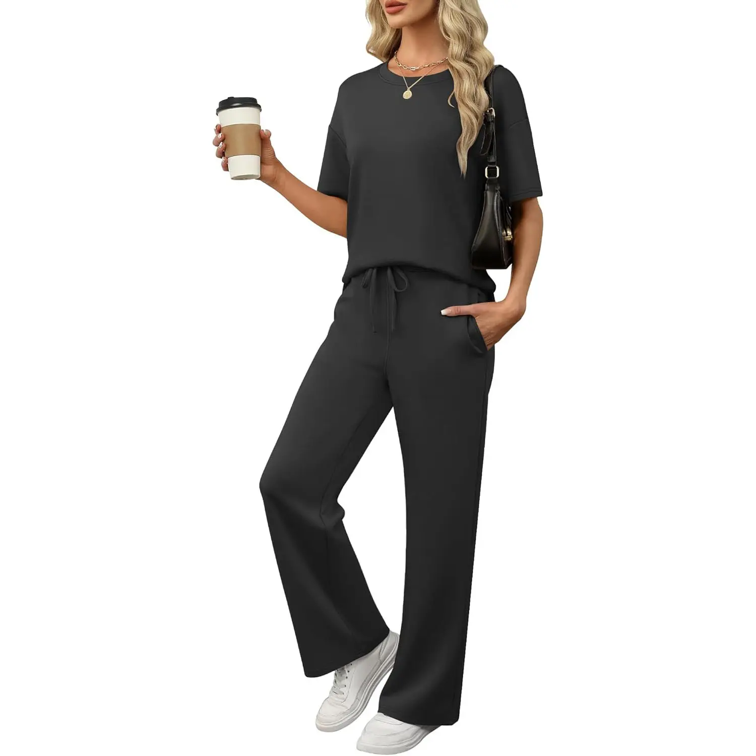 ANRABESS 2 Piece Sets for Women Summer Lounge Sets Wide Leg Pants Casual Matching Sweat Set Sweatsuits Vacation Travel Outfit  Comfort Tracksuits