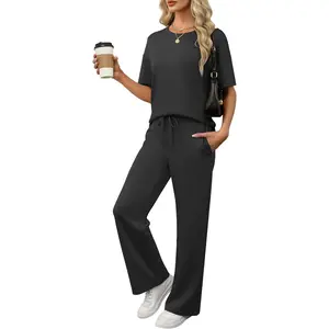 ANRABESS 2 Piece Sets for Women Summer Lounge Sets Wide Leg Pants Casual Matching Sweat Set Sweatsuits Vacation Travel Outfit  Comfort Tracksuits
