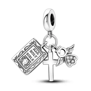 MULA 925 Silver Plated Bible Cross Pendant | Inspirational Religious Jewelry | Angel and Zircon Decoration | Suitable for Pandora Bracelets and Necklaces | Perfect Gift for Women and Girls