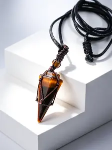 Natural Tiger Eye Crystal Pendulum Necklace, Healing Wealth Booster, Courage Enhancer, Handmade Braided Cord, Ideal for Meditation & Birthday Gifts, Crystal Jewelry Gift, Pendant Necklace