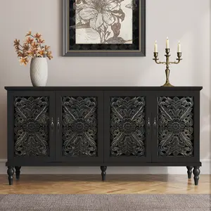 HLR Vintage Aesthetic Hollow Carved 4 - Door Accent Cabinet - Sturdy, Safe & Durable Storage Credenza with Ample Space, Easy to Assemble, Space - Saving & Stylish, Perfect for Living Room, Dining Room, Entryway, Hallway & Kitchen
