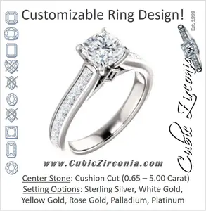 Cubic Zirconia Engagement Ring- The Rhea (Customizable Cathedral-raised Cushion Cut Design with Princess Channel Band and Kite-set Princess Peekaboo Accents)