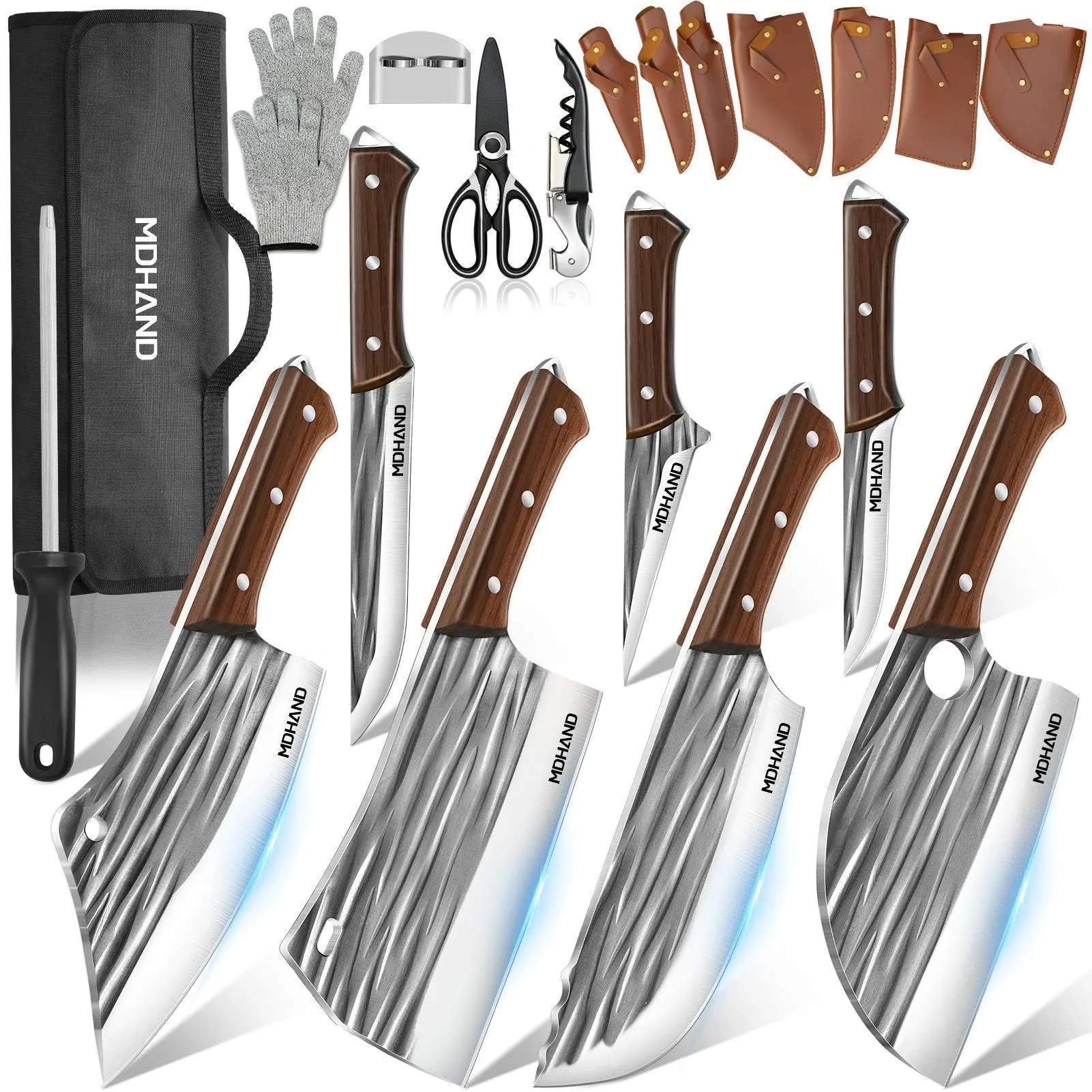 【BackToSchool】MDHAND 14pcs Chef Knife Set, Hand Forged High Carbon Steel,Includes Butcher,Meat Cleaver, Boning,and Viking Knives,with Knife Bag