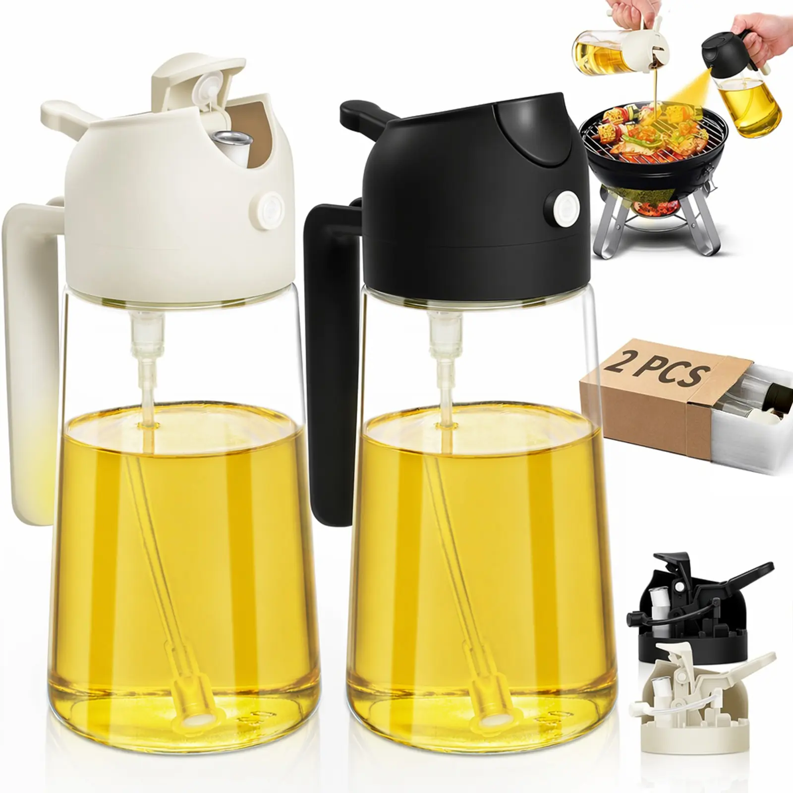 2-in-1 Food-Grade Oil Sprayer and Oil Dispenser Bottle, Multifunctional Kitchen Gadget in Black, Ideal Oil Tool for Air Fryer, Salad Making and BBQ Cooking, Modern Home Kitchen Accessory