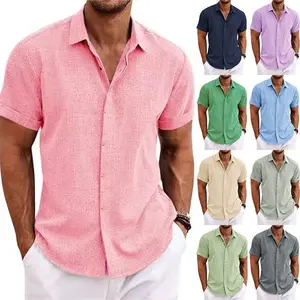 Men's Linen Short-Sleeved T-shirt Loose Undershirt Solid Color Short-Sleeved Cotton and Linen Shirt Men's Beach plus Size Men's Short-Sleeve Shirt