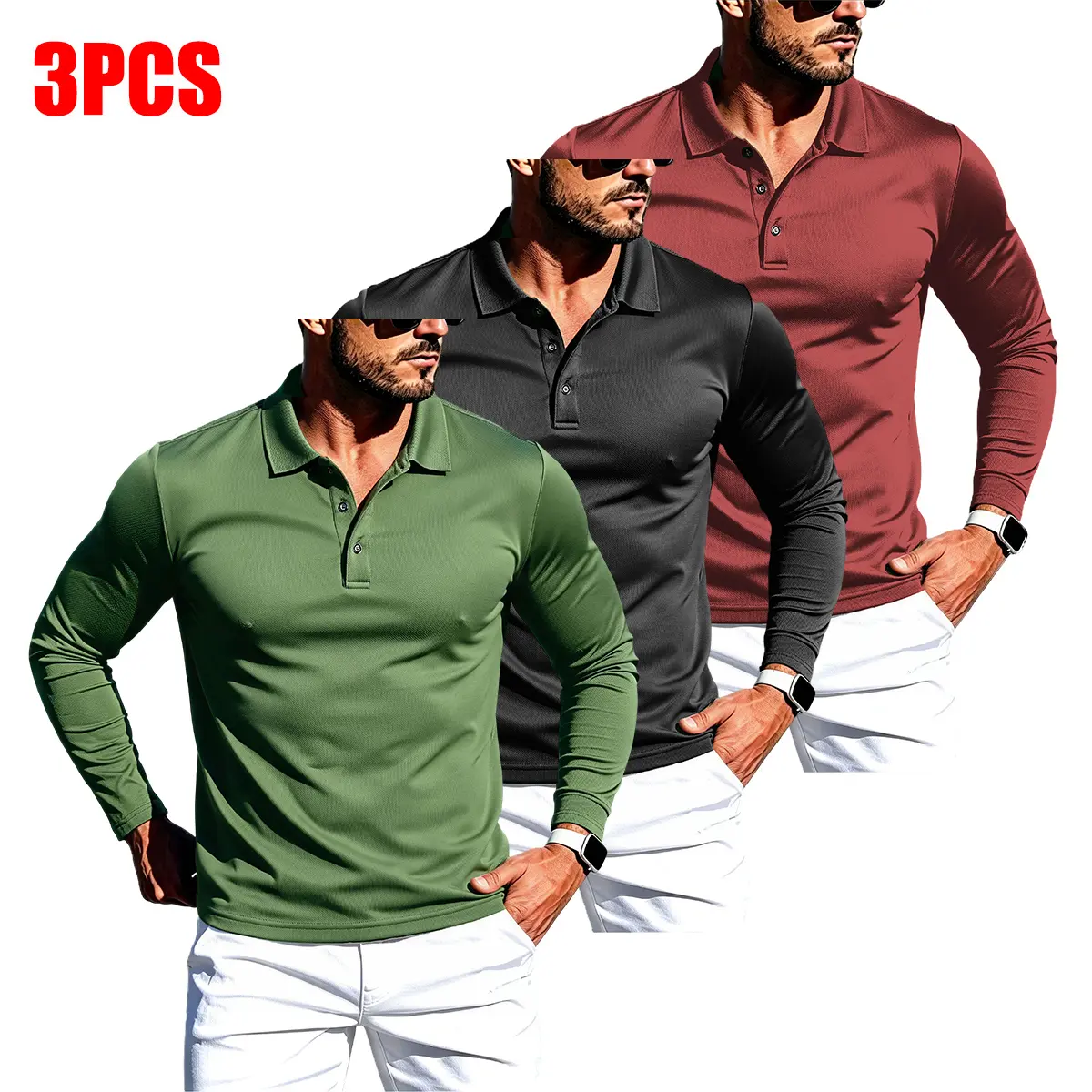 3-Pack – Men’s Long-Sleeve Quick-Dry Polo Shirts, 100% Polyester Piqué Mesh Outdoor Golf Sport Tops with Collars. A slight color difference may occur due to variations in lighting and display devices; please refer to the actual item’s color., Regular Fit,
