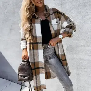 Women’s Plaid Shacket Jacket, Long Shirt, Casual Lapel, Button-Down Trench Coat