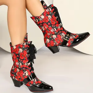 Women's Retro Leopard Print Chunky Mid-Heel Ankle Boots - Pointed Toe Lace-Up Combat Boots with Decorative Buckle, Fringe Detail & Cushioned Insole for All-Season Comfort (Extended Sizes Available), Stylish Footwear Shoe Girl