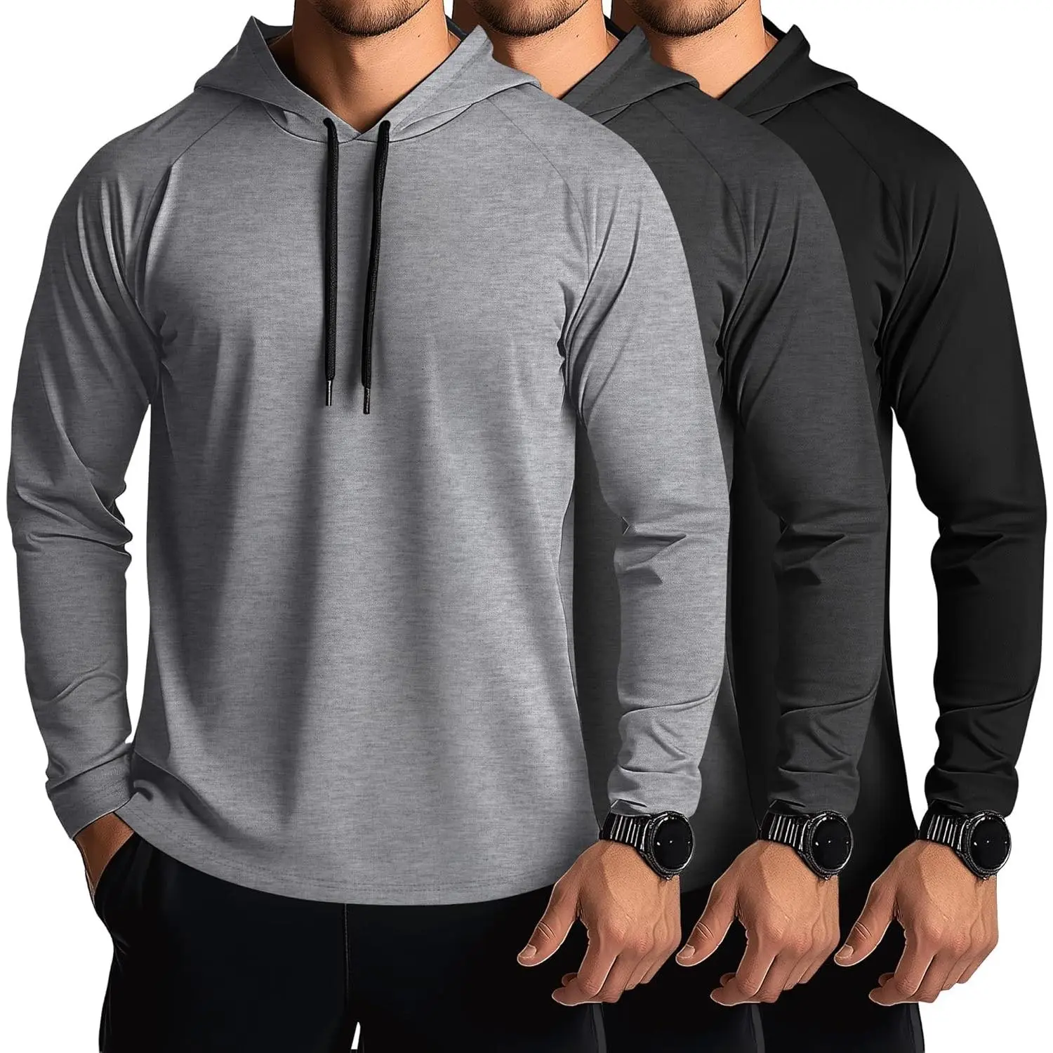 Ficerd 3 Pack Hoodies for Men Big and Tall, Lightweight Long Sleeve Workout Gym Running Fishing Pullover Hooded Sweatshirts