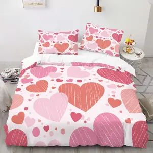 3-piece pink hearted bedding set, including 1 duvet cover and 2 pillowcases. A great gift for friends. Suitable for single beds, double beds. Multiple sizes available. Perfect for bedrooms, dormitories, guest rooms and hotel apartments.