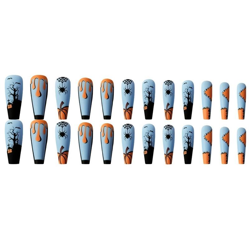24PCS Haunted House Press-On Nails - Matte Sky Blue Coffin Design