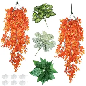 Reptile Plants 5 Pcs Climbing Terrarium Plant with Suction Cup Artificial Decor for Snake Cage Bearded Dragon Tank Accessories for Lizard, Leopard Gecko, Chameleon, Snake (Orange)