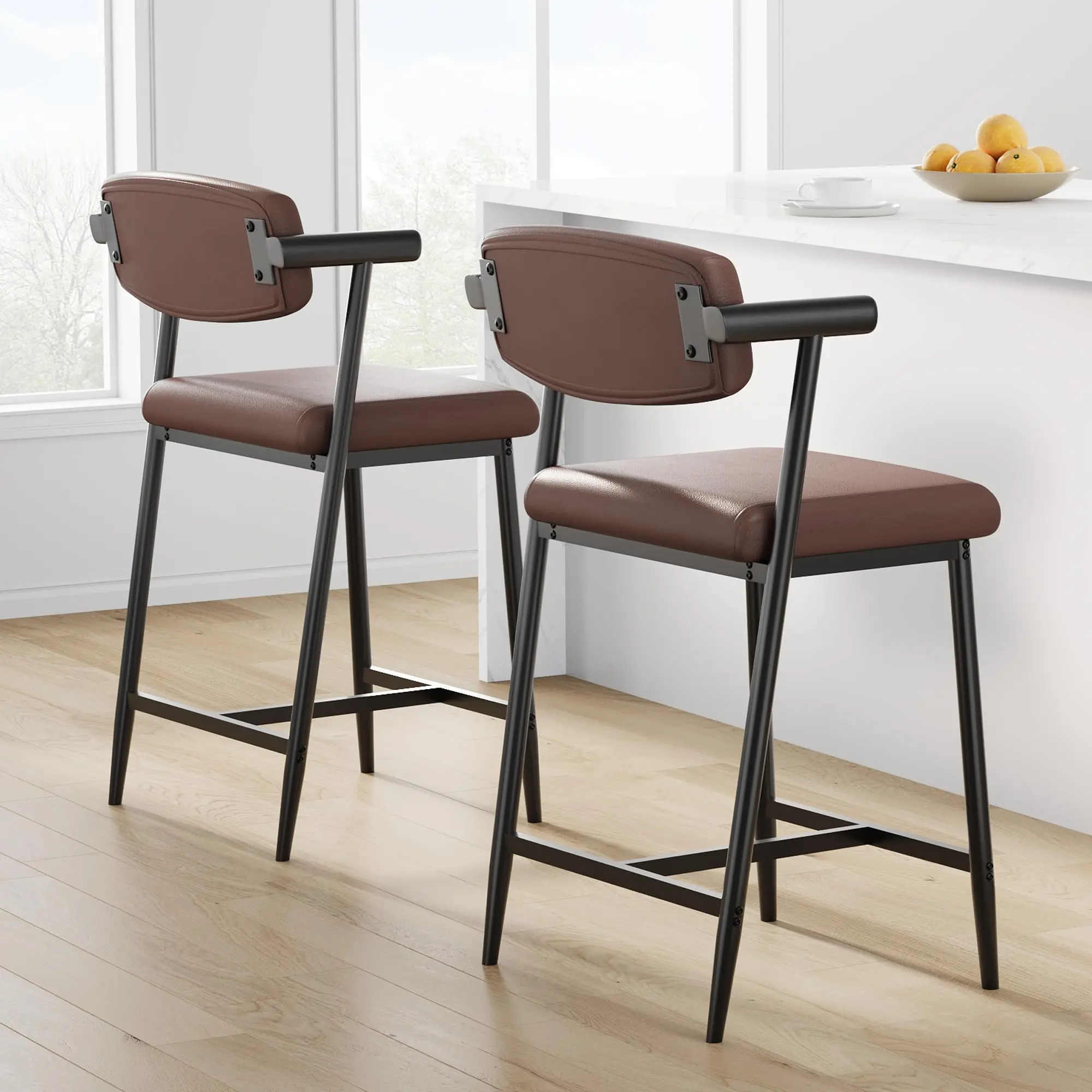 Garvee Modern Barstool 2-Piece Indoor Furniture Set - Carbon Steel Frame, Dark Walnut Accents, Ergonomic PU Leather Seat Cushions, Retro Armchair with Curved Backrest, Footrest, Tool-Free Setup, for Dining/Living Room, 49x48x94cm, Barstools Set
