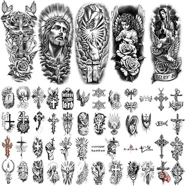 77 Sheets Christian Cross Temporary Tattoo for Women Men, 17 Sheets Half Arm Large Religious Jesus God Fake Tattoos, 60 Sheets Angels Black Christ Tiny for Adult Kids Body Tattoos Stickers Realistic