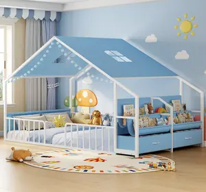 ADORNEVE Montessori Full Size Floor Bed with Sling Bookshelves and Storage Drawers Metal House Bed with Safety Guardrails for Bedroom