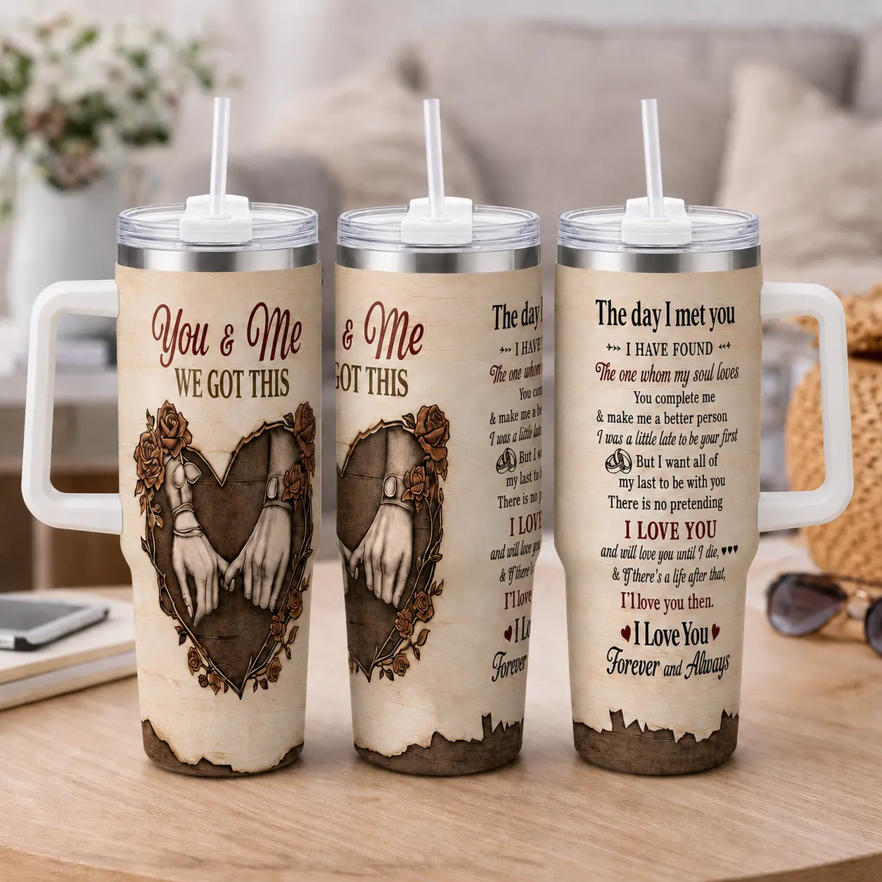 You & Me We Got This 40oz Stainless Steel Insulated Tumbler with Handle and Straw, Romantic Holding Hands Rose Heart Printed Cup, Anniversary Gift for Couples