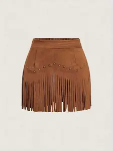 Women's Summer Vintage Rivet Fringe Suede A-Line Skirt, High Waist Slim-Fitting Casual Elegant Streetwear, Versatile Solid Color Design