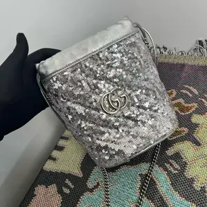 Pre-owned Gucci GG Marmont Silver Sequin Mini Drawstring Bucket Bag X110 26.05.06