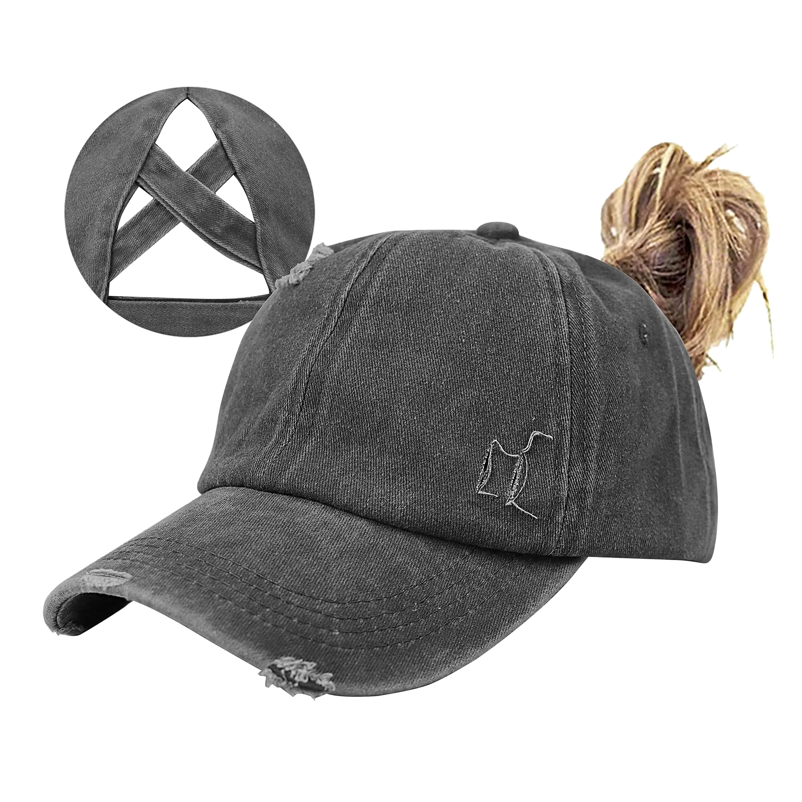 Criss Cross Ponytail Baseball Cap - Messy Bun Hat - Distressed Criss Cross Ponytail/Messy Bun Hat - Vintage Distressed  main image 3