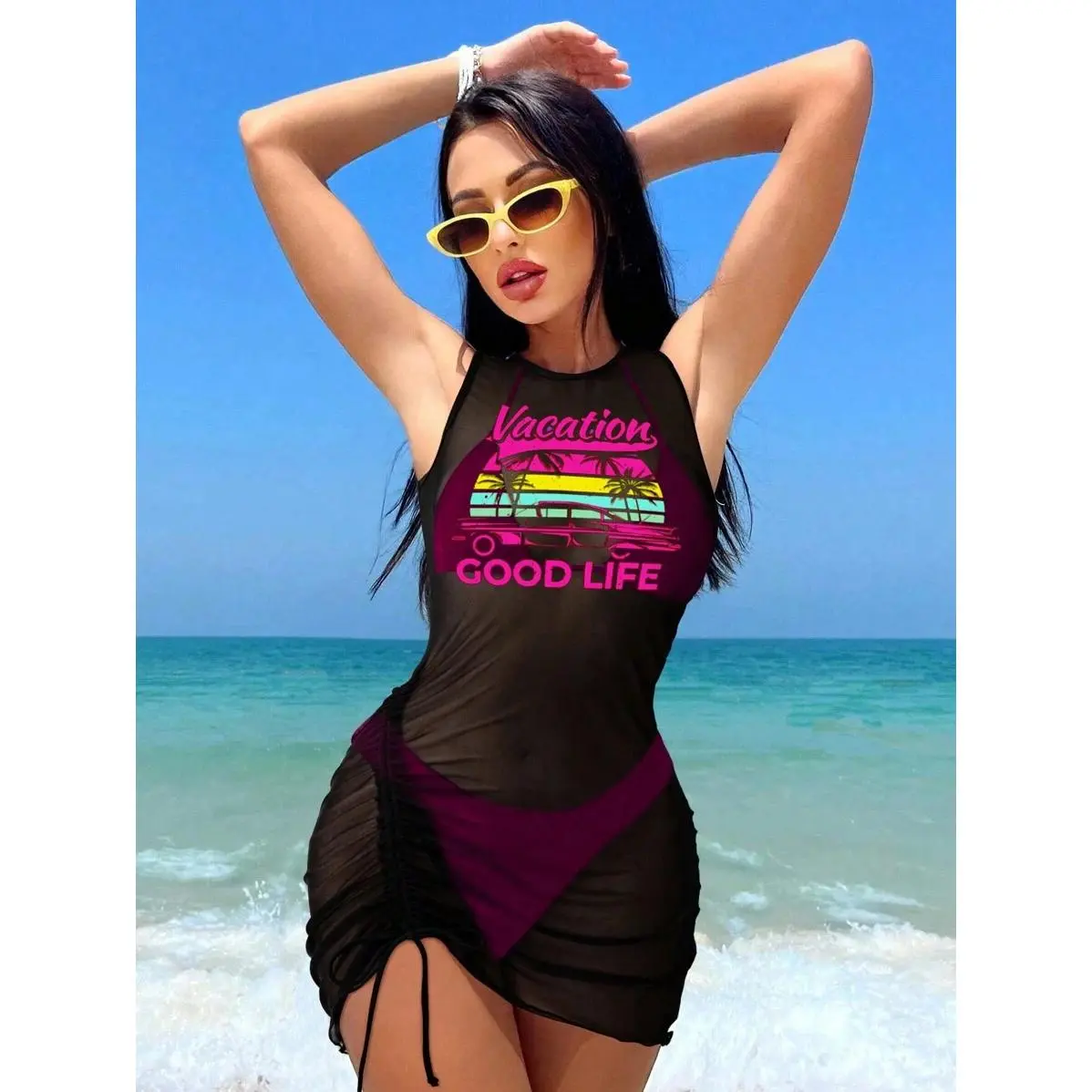 Women's Retro 3-Piece Polyester Blend Bikini Swimsuit Set, Bright Pink Regular Cut High-Waisted Halter Triangle Bikini with Sheer Striped Letter Print Cover-Up for Beach Vacation (Female), Three Piece
