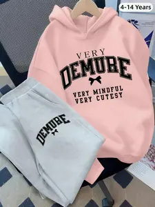 2PCS Girls Sweet - Cool Letter Hoodie Set, Soft Skin - Friendly, School Daily All - Season Wear, Girls' Fashion Print Hoodie Set, Long Sleeve Sweatpants, Casual Fitted Sportswear, All Seasons, Everyday, Perfect for Spring and Winter