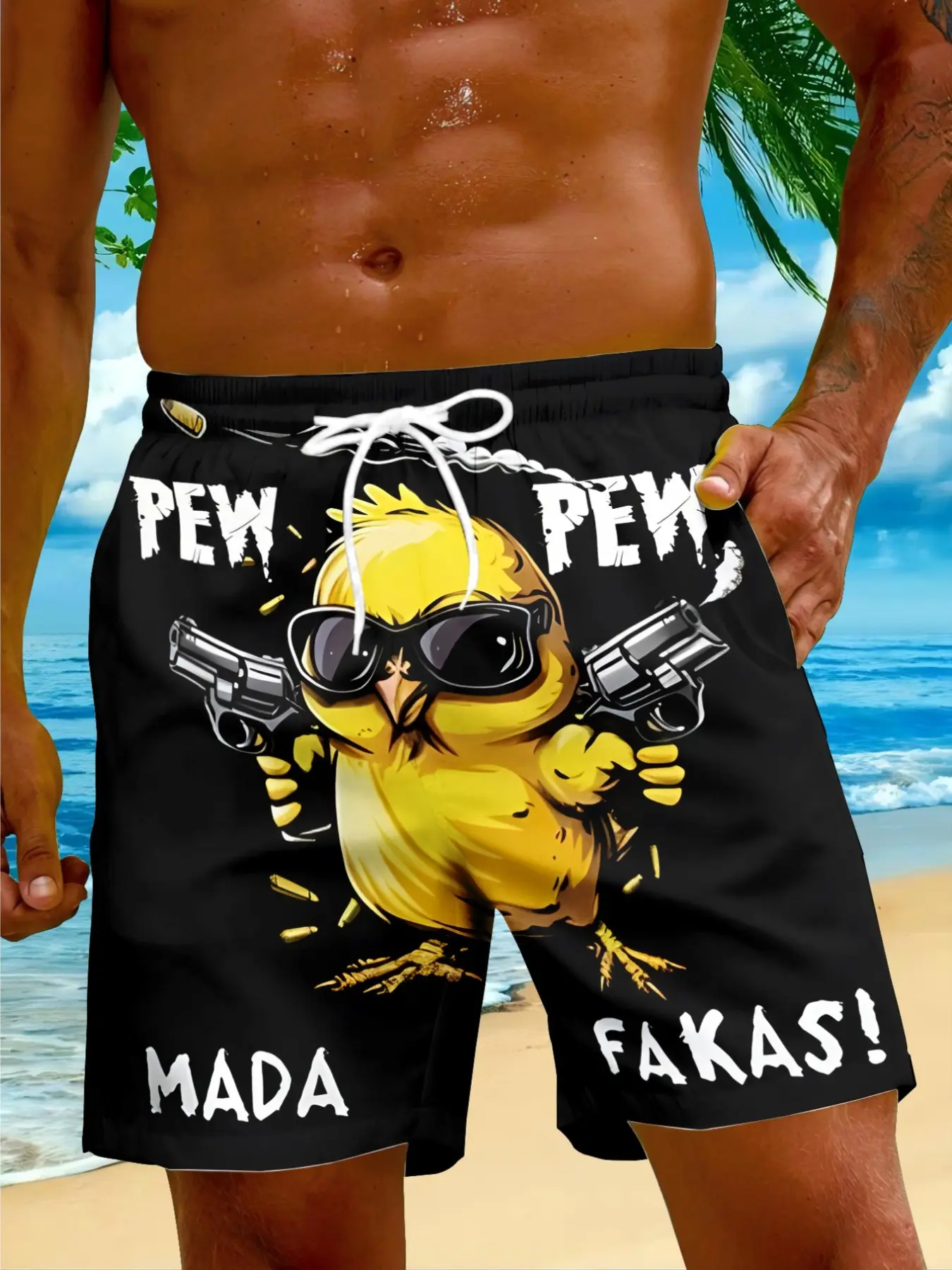 Men's Cartoon Chicken Pattern Beach Shorts, Casual Summer Sportswear, Trendy All over Print Swim Trunks, Fitted Short Pants, Swimwear Shorts, Swimming Shorts
