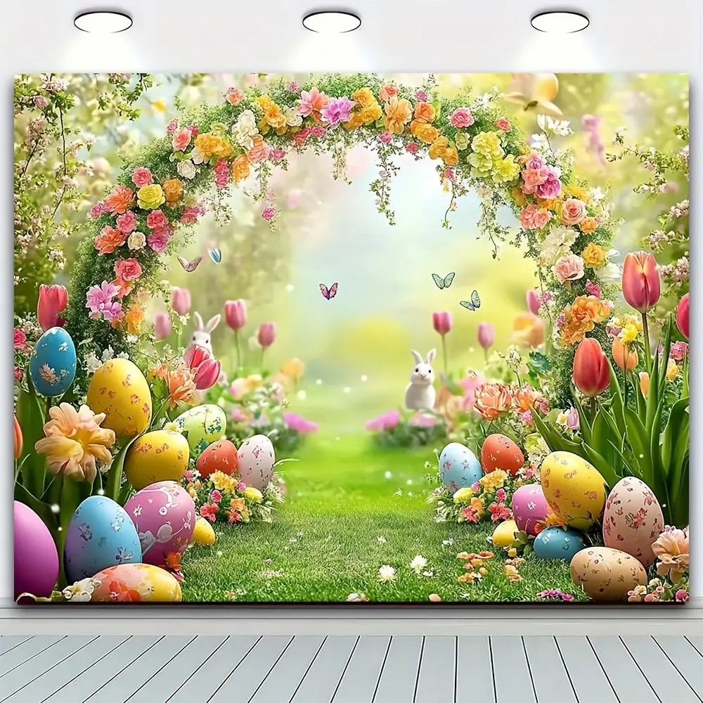 1pc Reusable Printed Polyester Easter Backdrop - Magical Forest Path, Floral Wreath, Bunny, Colorful Eggs, Spring Decoration - Ideal for Indoor Holiday Ceremony, Photo Booth Banners