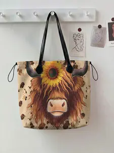 Highland Cow & Sunflower Pattern Drawstring Tote Bag, Large Capacity Shopping Bag, Durable, Casual Style, Perfect for Work, Shopping, Picnic