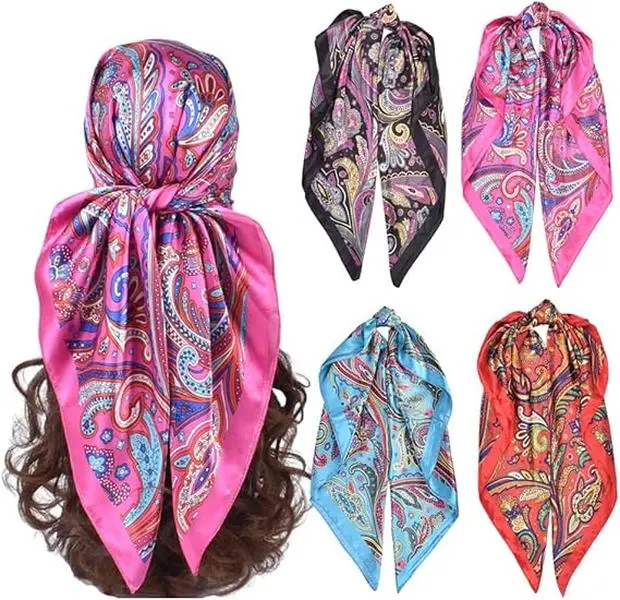 4PCS Silk Head Scarves for Women Satin Hair Scarf Large Square Bandana Silk Like Neck Scarf Shawl