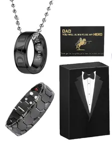 A gift for dad: a men's titanium magnetic therapy bracelet set, relieving pain and providing energy healing. Includes a 4-piece set of rings and necklaces in a black gift box. Ideal for fathers, fathers-in-law, and new dads;a Father's Day or birthday gift