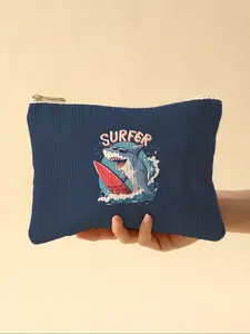 Shark Pattern Plush Velvet Makeup Bag, Lightweight Zipper Interior Cosmetic Pouch, Multi-Functional Organizer for Toiletries & Accessories