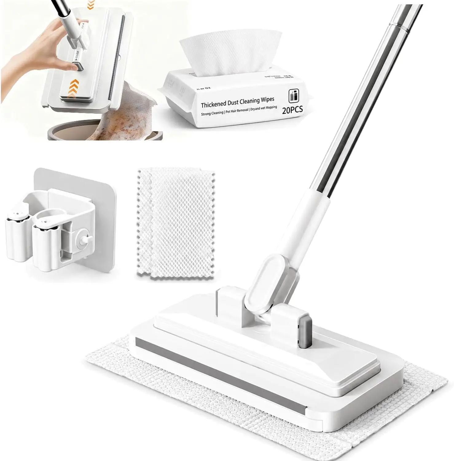 Multi-Purpose Hands-Free Self-Locking Wet Dry Flat Mop - 360° Swivel No-Bend Long Handle, Compatible with Any Cloth & Face Towel, for Floors & Walls