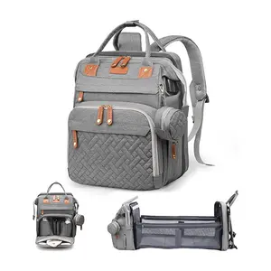 Baby Diaper Bag Backpack with Changing Station, Waterproof Large Capacity Baby Bag with USB Charging Port, Lightweight Travel Backpack Diaper Bag with Portable Crib - Grey