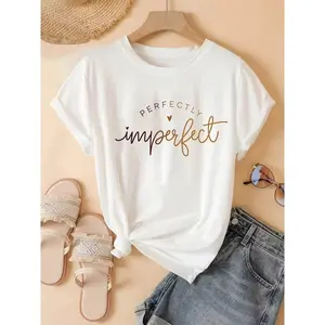 Women's Short-Sleeve Round Neck Loose Fit T-Shirt - 1pc Smooth Seamless Polyester Knit, "Perfectly Imperfect" Graphic Slogan, Alphabet Design, Soft Cotton-Blend Solid Regular Length Spring/Summer Casual Top, Shortsleeve, Tshirt