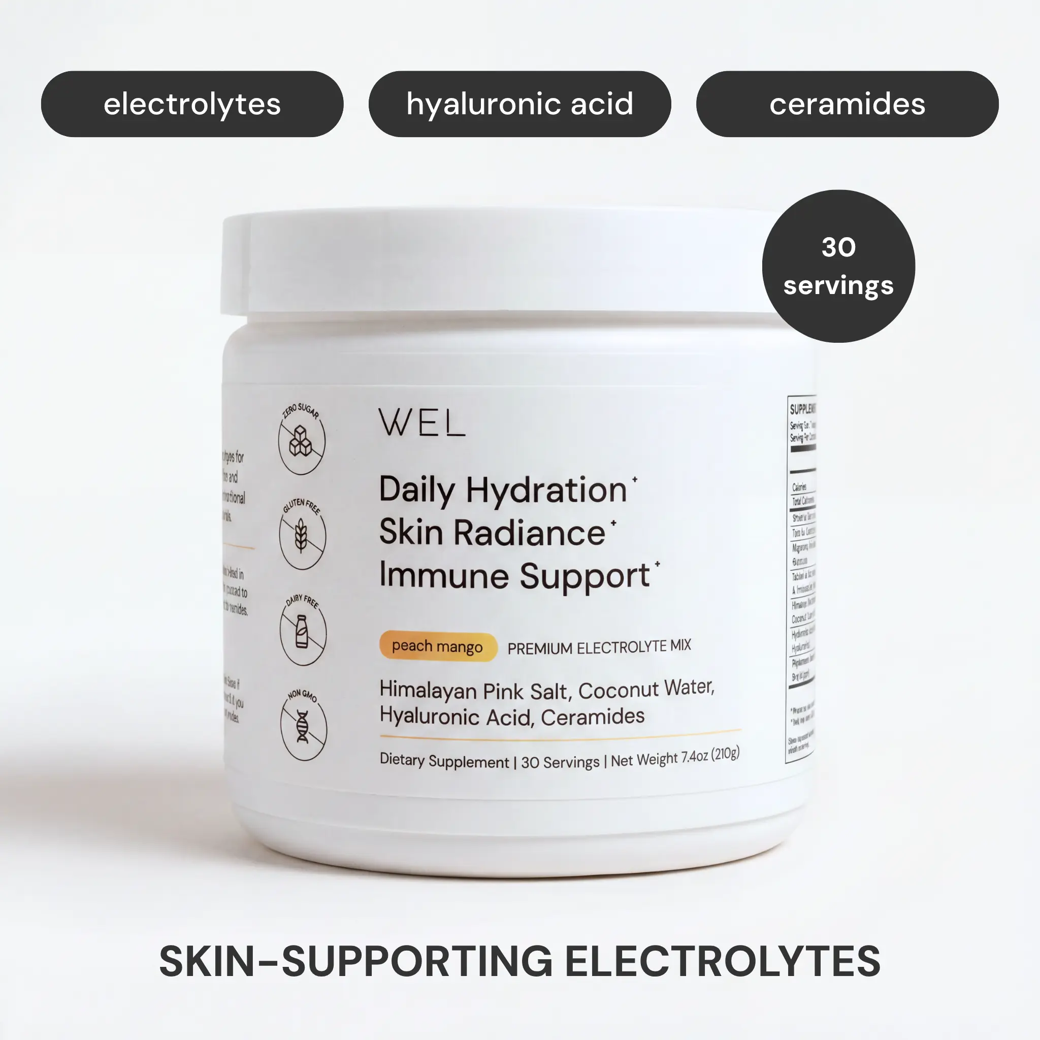 WEL Daily Electrolyte Powder for Hydrating, Healthy-Looking Glow - Himalayan Pink Salt, Coconut Water, Hyaluronic Acid, Ceramides, Vitamin C & Zinc - Clean, No Sugar, No Artificial Sweeteners - Peach Mango Flavor, 30 Servings