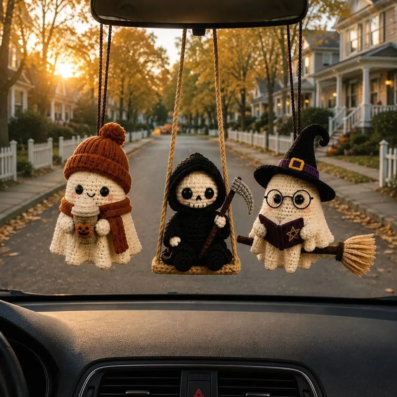 Custom Crochet Ghost Reading Book, Reaper Car Charm Rearview Mirror Accessory,Spooky Gift, Halloween