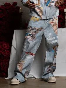 Retro Artistic Graffiti Angelic Prints Baggy Jeans Casual Blue