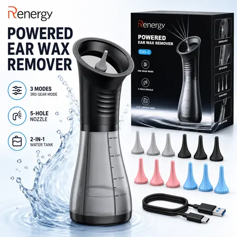 Renergy Electric Earwax Removal Kit - Premium Silicone Ear Cleaning Tool with LED Display, 3 Modes, 12 Replaceable Nozzles, Dual Clean & Waste Tanks, IP67 Waterproof Irrigation System, ABS, 4 – 5.9 Fl Oz Daily Ear Care Product
