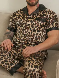 Men's Two-Piece Pajama Set, Short Sleeve Long Pants Collar Leopard Print, Comfortable Daily Home Wear, Casual Printed