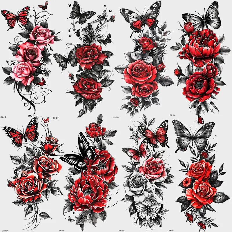 8 Sheets Waterproof Temporary Tattoo Stickers, Colorful Rose Butterfly Design, Peel Off Tattoo, Easy to Remove, Perfect for Women Body Decoration, Temporary Fake Tattoo, Sticker Tattoos