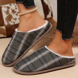 Trendy Plaid Fuzzy Lined Slippers for Women Winter Indoor Outdoor Warm Slip On Light Shoes
