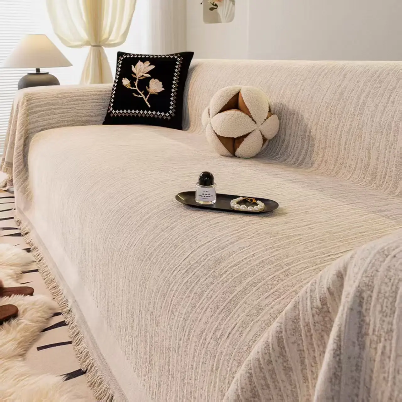 Cream Style Full Cover Chenille Sofa Cover Dust Protector, Multi-Use Sofa Cover for All Seasons, Various Colors and Sizes Available