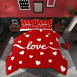 Feelyou Heart Print Breathable Multi-Size Duvet Set - White Red Geometric Comforter Bedding, Valentine Day Romantic Gift for Couples' Bedrooms