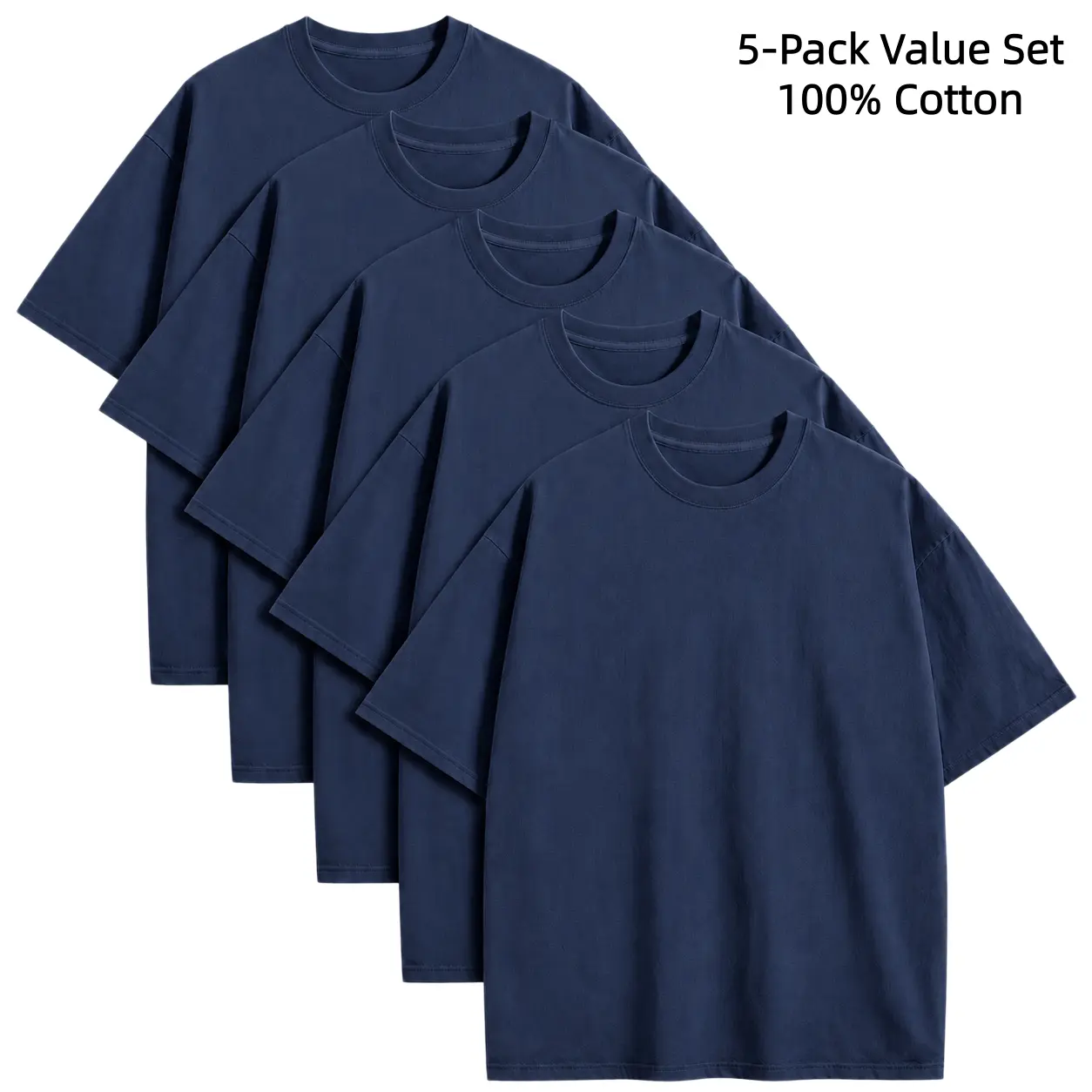 Men's 5-Pack 100% Cotton Oversized Shortsleeve T-Shirts - Drop Shoulder Round Neck, Basic Breathable Plain Fabric Menswear Tops with Ribbed Matching Hem, Unisex Cargo-Inspired Casual Streetwear Layering Tees  graphic tees  t shirts  men's t shirts