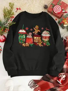 Women's Christmas Themed Cartoon Cup & Gingerbread Man Print Crew Neck Sweatshirt, Casual Drop Shoulder Long Sleeve Pullover, Ladies Top for Daily Wear