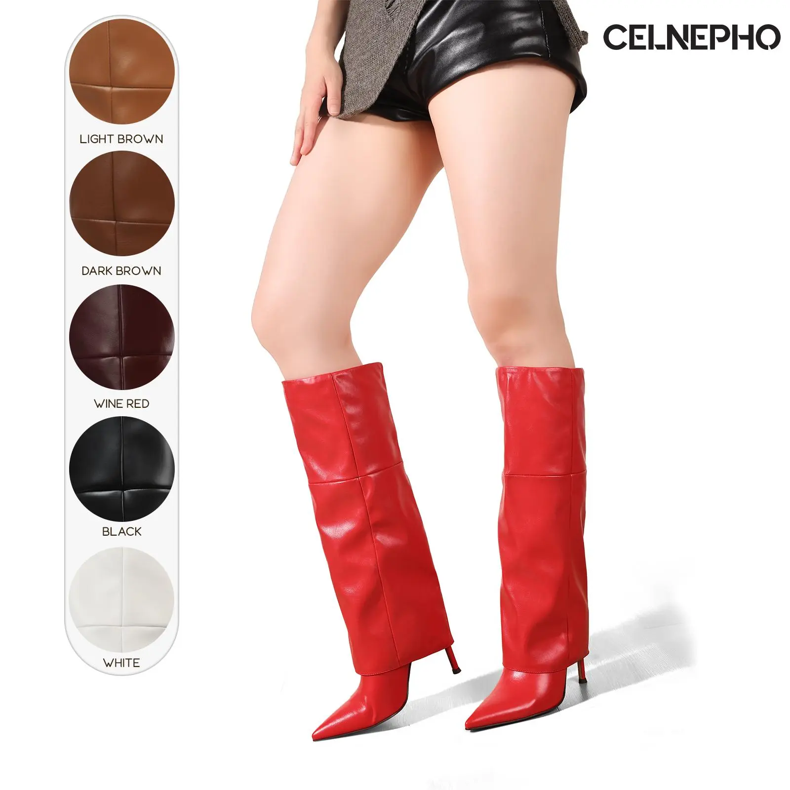 CELNEPHO Fashion Boots for Women Pointed Toe Stiletto High Heel Shark Boots Fold Over Design Slouchy Boot Easy Pull on Tall Boot Date Party Casual Gift Office Wear Dress Shoes