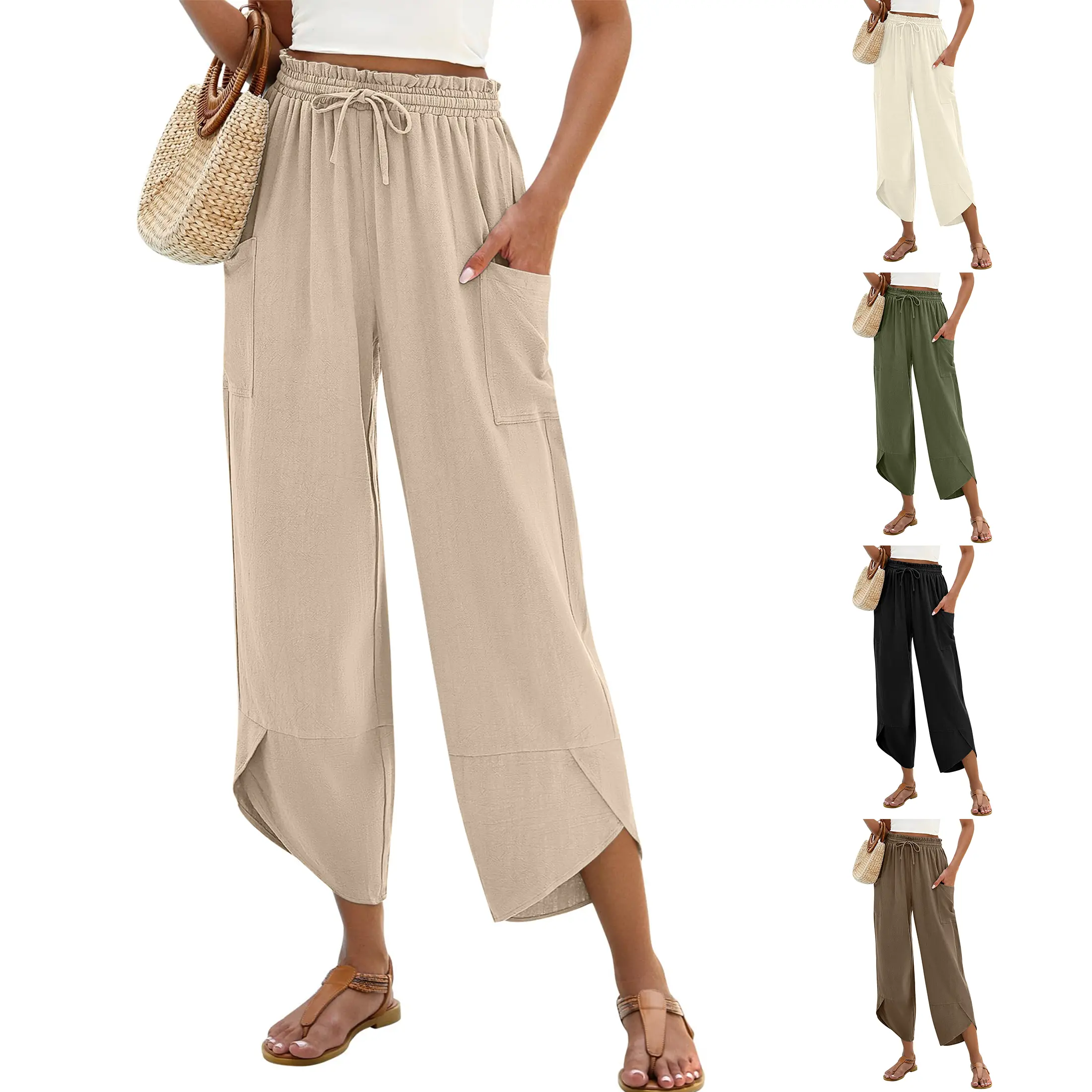 WoodBerry Lady's Linen Wide-Leg Capri Pants, Bohemian Style, Loose Elastic-Waist Harem Pants with Pockets, Summer Lightweight Breathable Casual Lounge Bottoms, Boho Pants